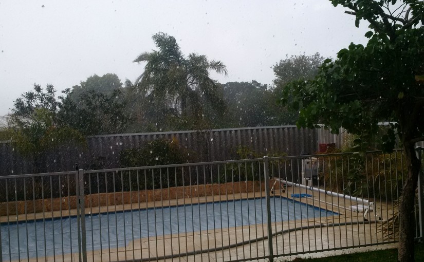 Driving rain over the pool